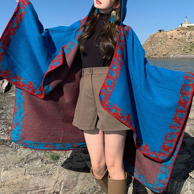 Buddha Stones Tibetan Shawl Border Small Floral Flower Hooded Cloak Winter Cozy Travel Scarf Wrap Tibetan Shawl BS 14