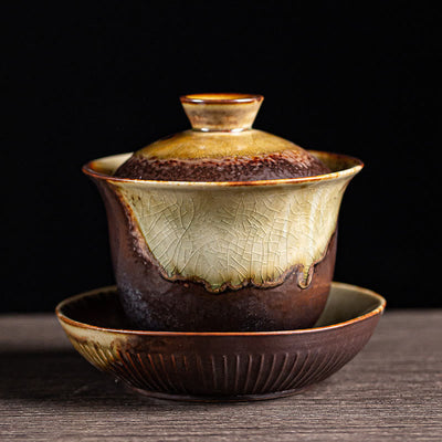 Buddha Stones Vintage Brown Kiln Change Design Porcelain Ceramic Gaiwan Sancai Teacup Kung Fu Tea Cup And Saucer With Lid Cup BS 10cm*10.5cm*230ml