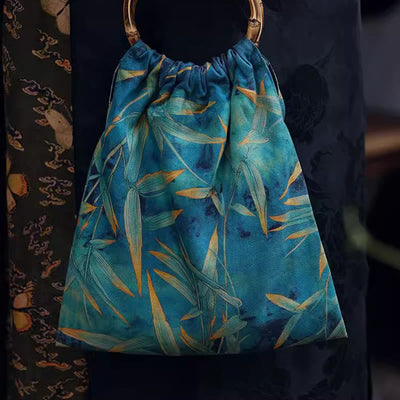Buddha Stones Blue Green Bamboo Leaves Bamboo Handles Handbag Handbags BS 6