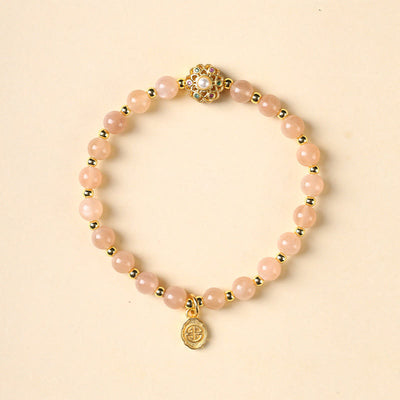 Buddha Stones 14K Gold Plated Natural Strawberry Quartz Labradorite Sun Stone Fu Character Positive Charm Bracelet Bracelet BS Sun Stone(Wrist Circumference 15-16cm)