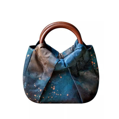 Buddha Stones Handmade Jacquard Flower Blue Wooden Handle Handbag Handbags BS 15