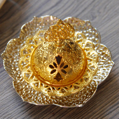 Buddha Stones Gold Leaf Coaster Spiritual Mini Alloy Metal Incense Burner Incense Burner BS 20