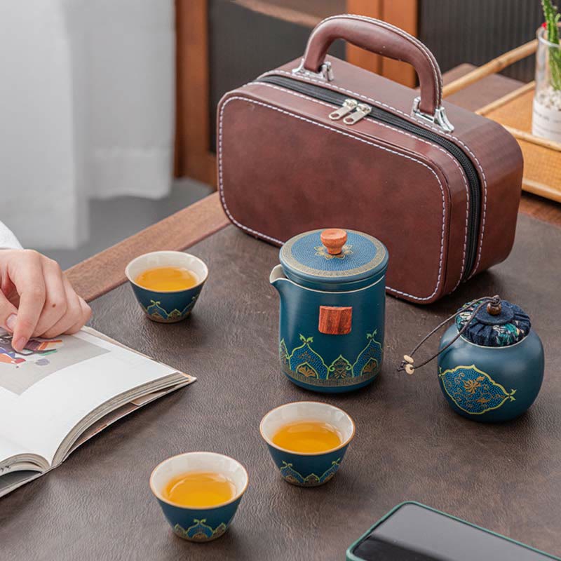 Buddha Stones Flower Chinese Gongfu Ceramic Teapot Portable Outdoor Travel Tea Set Bag Teapot BS 14