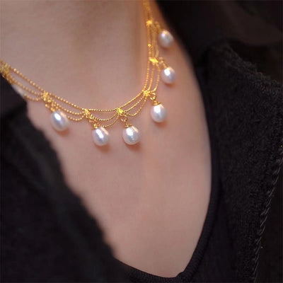 Buddha Stones Vintage 14K Gold Plated Pearl Bead Healing Multilayer Necklace Pendant Necklaces & Pendants BS Pearl(Healing♥Wisdom)