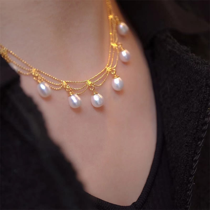 Buddha Stones Vintage 14K Gold Plated Pearl Bead Healing Multilayer Necklace Pendant Necklaces & Pendants BS Pearl(Healing♥Wisdom)