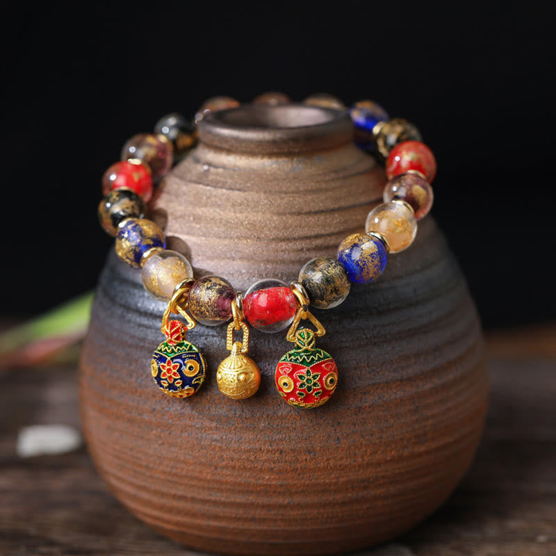 Buddha Stones Gold Swallowing Beast Family Charm Gold Silver Foil Liuli Glass Bead Blessings Bracelet Bracelet BS Multicolored 10mm(18 Beads)