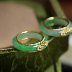 Buddha Stones 18K Gold Plated Natural Green Chalcedony Strength Ring Ring BS US10