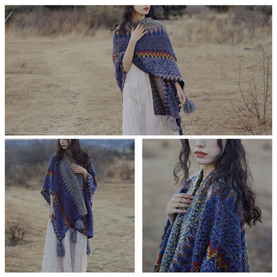 Buddha Stones Tibetan Shawl Soft Warm Knitting Cloak Winter Tibetan Tassel Scarf Tibetan Shawl BS 16