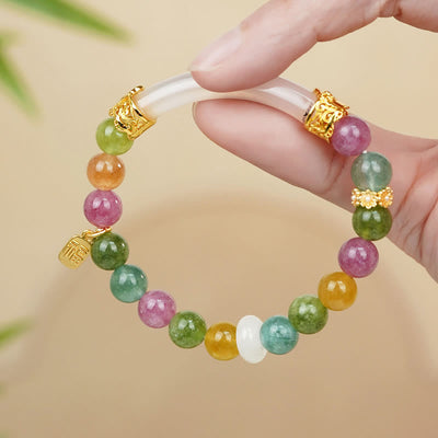 Buddha Stones Colorful Tourmaline Chalcedony Positive Fu Character Charm Bracelet Bracelet BS Tourmaline(Wrist Circumference 14-15cm)