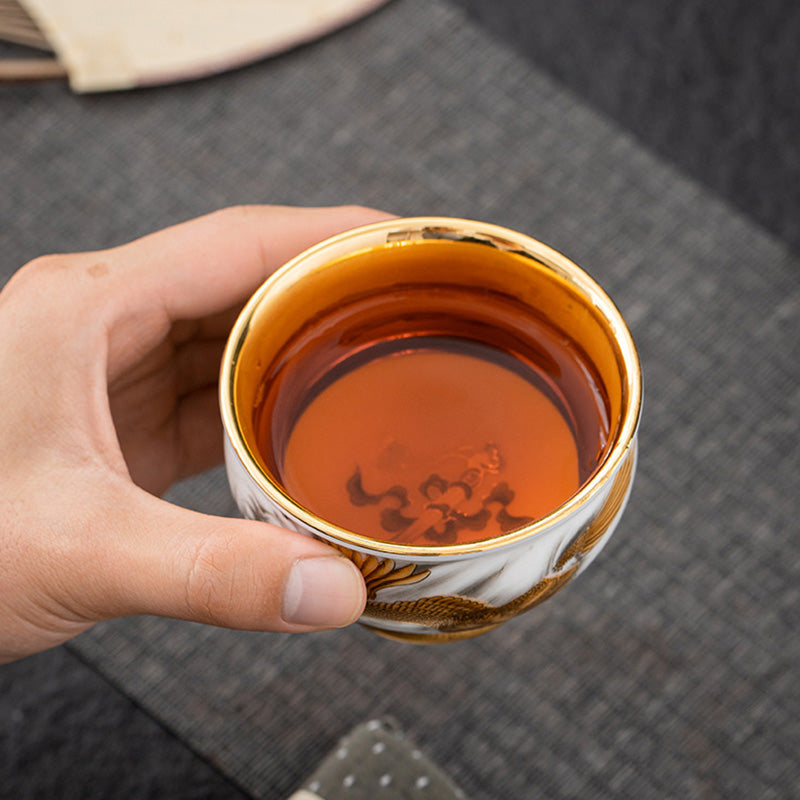 Buddha Stones Golden Eagle Auspicious Dragon Sun Ocean Waves Gilt Ceramic Teacup Kung Fu Tea Cup Cup BS 3