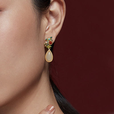 Buddha Stones Water Drop White Jade Red Agate Butterfly Protection Drop Dangle Earrings Earrings BS 9