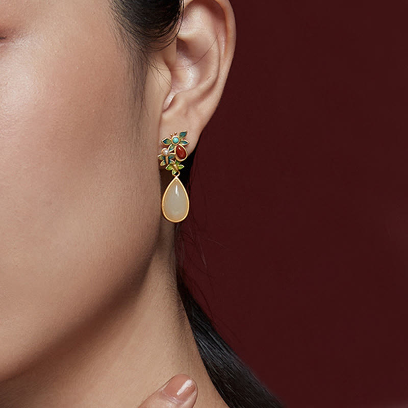 Buddha Stones Water Drop White Jade Red Agate Butterfly Protection Drop Dangle Earrings Earrings BS 9