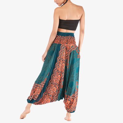 Buddha Stones Two Style Wear Round Geometric Pattern Loose Smocked Harem Trousers Jumpsuit High Waist Women's Yoga Pants Harem Pants&Bodysuit BS 23