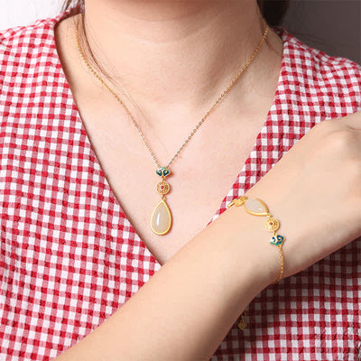 Buddha Stones 925 Sterling Silver Hetian White Jade Water Drop Chain Necklace Pendant Bracelet Bracelet Necklaces & Pendants BS 1
