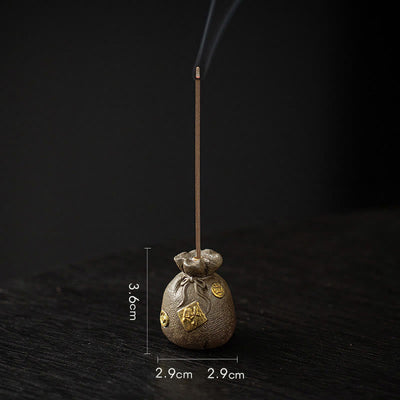 Buddha Stones Small Treasure Bowl Lucky Bag Bagua Tray Healing Ceramic Stick Incense Burner Decoration Incense Burner BS Brown Lucky Bag 2.9*2.9*3.6cm