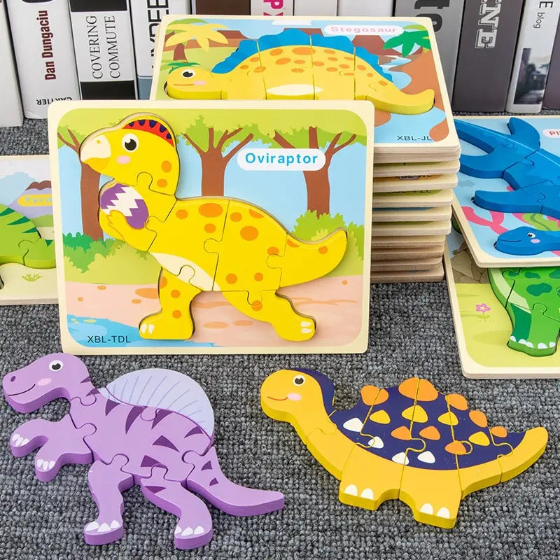 Fidtoy Cartoon Dinosaur 3D Wooden Puzzle – Wooden Dinosaur Puzzle for Toddlers, Shape Matching, Fine Motor Skills, Early Learning Toy