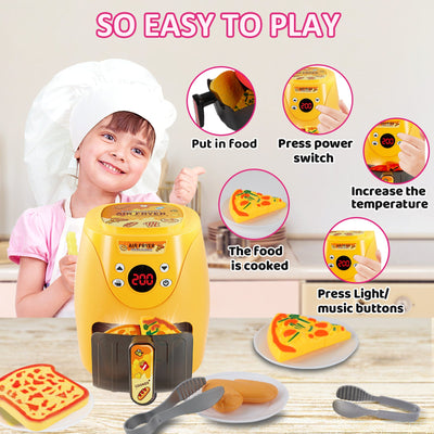 Juego de cocina Freidora de aire para niños, juguete de cocina de simulación con accesorios de cocina, luces y sonidos realistas y comida de juguete
