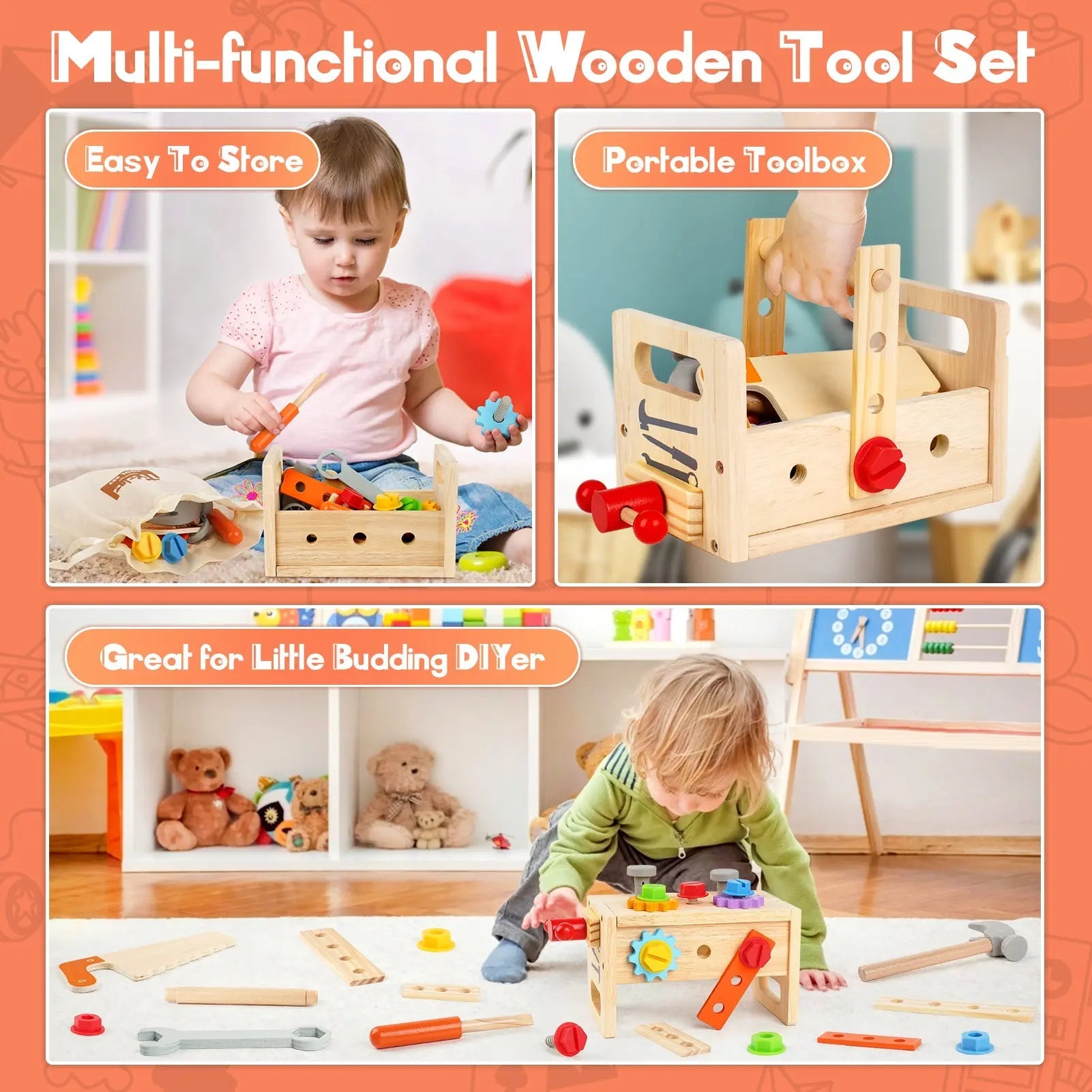Fidtoy Wooden Tool Set for Kids 30 Piece Pretend Play Construction Toy for Toddlers