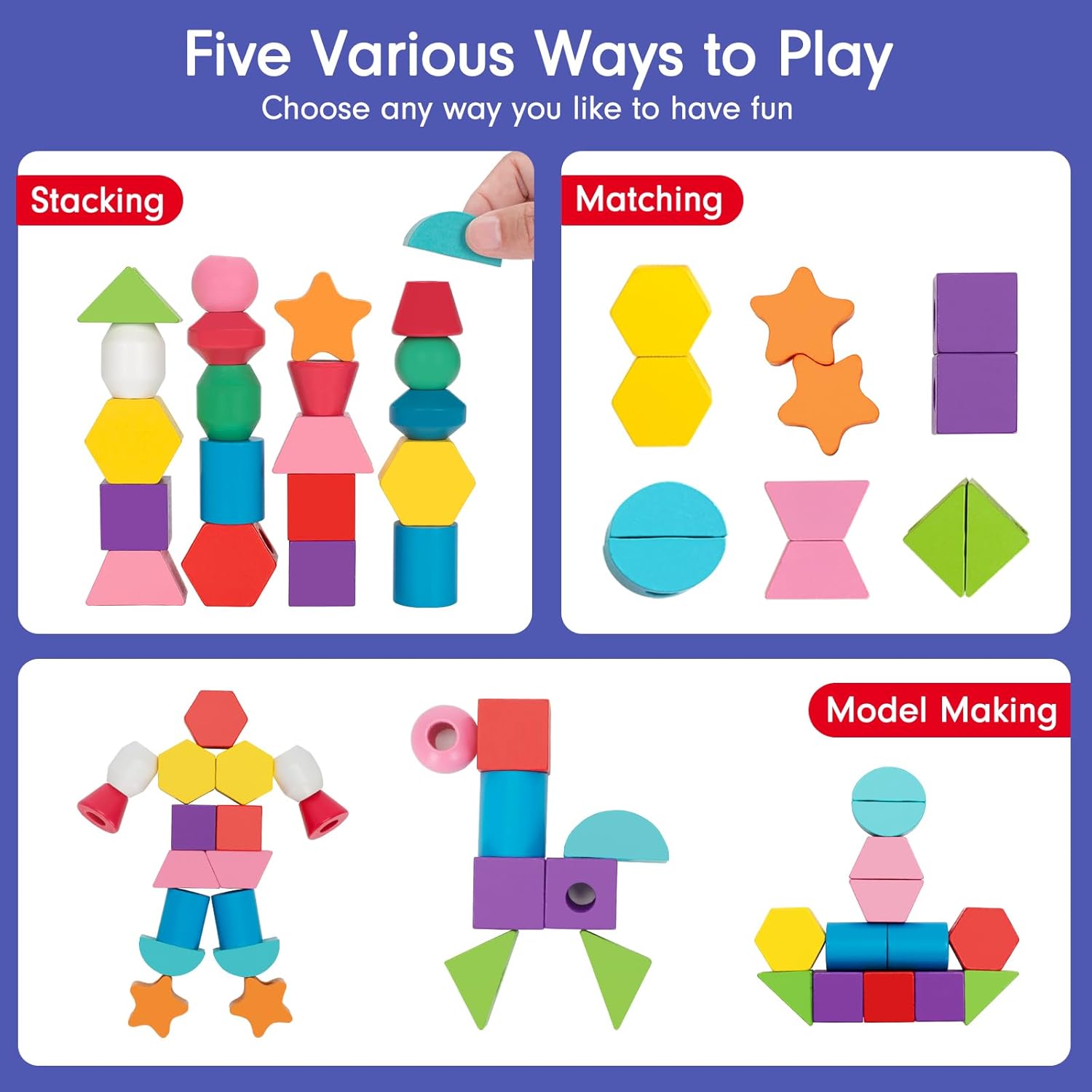 Fidtoy Wooden Bead Lacing Kit Montessori Shape Sorting Toy for Toddlers | Color Matching, Stacking Columns, Sequencing Cards & Fine Motor Learning Toy Age 3+