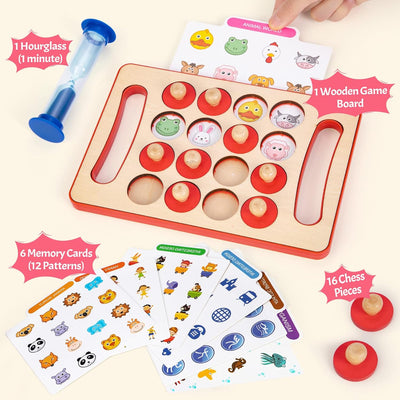 Fidtoy Wooden Matching Memory Chess Board with Timer Animal Pattern Memory Game for Kids Ages 3+