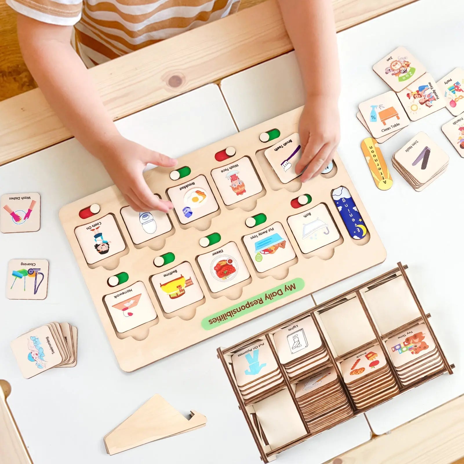 Montessori Wooden Visual Schedule for Kids - Daily Routine Board for 3-6 Years Old