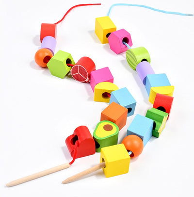 Fidtoy Wooden Montessori Fruits Sequence with Lacing Pattern 5-in-1 Bead Sorting Fine Motor Toy for Kids Ages 3+