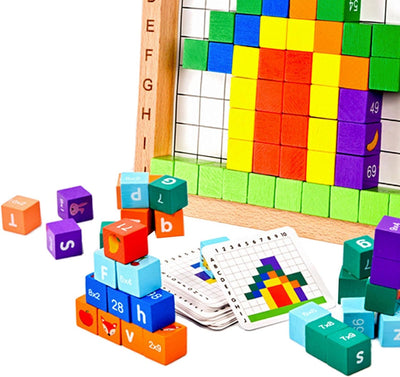 Fidtoy Wooden Multifunctional Number Alphabet and Animals Pattern Blocks Montessori Pixel Art Learning Toy for Kids Ages 2 to 6