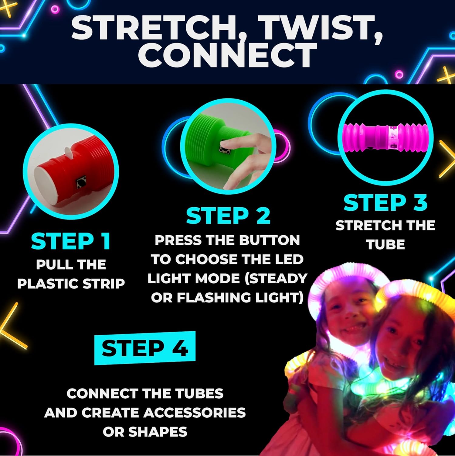Fidtoy Glow in the Dark Stretchable Pop Tube Set for Kids Sensory Party Play Fine Motor Fun