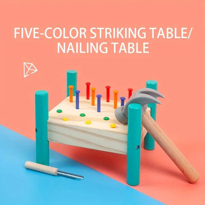 Fidtoy Interactive Nailing Wooden Table Activity Hammering Bench with Pegs and Hammer for Kids Fine Motor Play