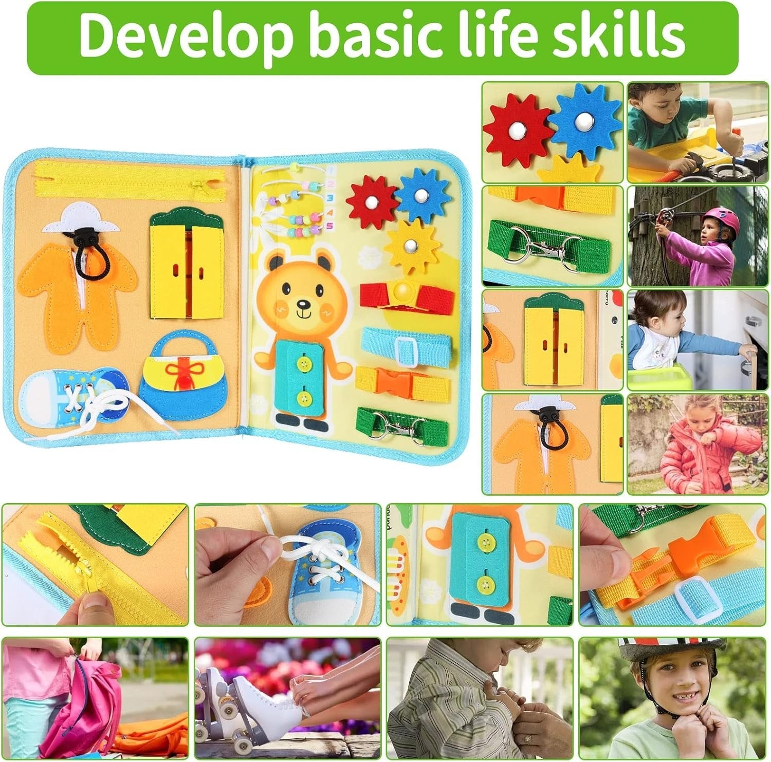 Fidtoy 10-in-1 Toddler Busy Board Cloth Book Multi-Sensory Interactive Learning Toy with Dressing Skills Alphabet Numbers Math Animals Cars Weather Clock Ages 0-4