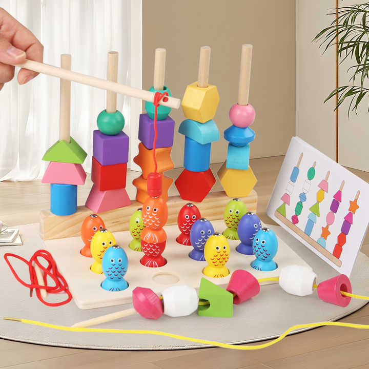 Fidtoy Wooden Five Sets of Shape Columns Lacing and Fishing Game 30 Beads Sorting Stacking Toy for Kids Ages 3+