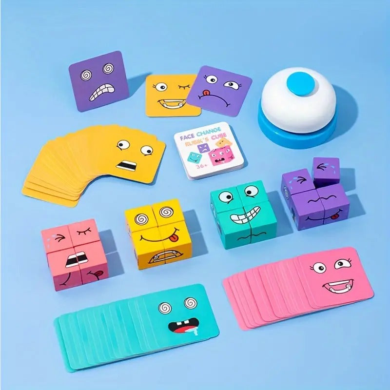 Fidtoy Wooden Face Changing Magic Cube Puzzle with Buzzer for Kids | Expression Matching Game, Montessori Brain Teaser, Pattern Cards & Fine Motor Tabletop Toy Age 3-8