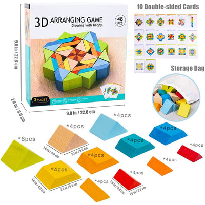 Fidtoy 3D Wooden Geometrical Arranging Mind Puzzle Challenge, 48 Piece Wooden Geometry Stacking Blocks with Pattern Cards, Montessori Shape Sorting STEM Puzzle for Kids Ages 5+