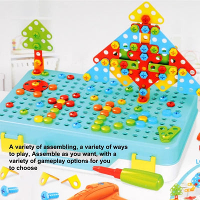 Fidtoy Coffret de jeu créatif de mosaïque à visser avec perceuse électrique pour enfants, 252 pièces, jouet de construction STEM avec perceuse électrique et vis colorées, 4-8 ans