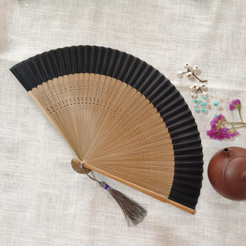 Buddha Stones Simple Hollow Engraved Handheld Bamboo Folding Fan Folding Fan BS Brown Black 22cm