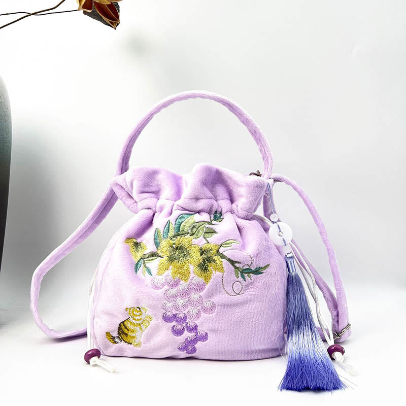 Buddha Stones Embroidered Osmanthus Peony Grape Cat Cotton Linen Tote Crossbody Bag Shoulder Bag Handbag Crossbody Bag BS Purple Grape Cat 20*20*7cm