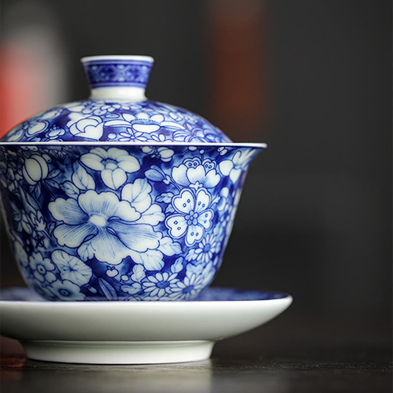 Buddha Stones Vintage Blue And White Porcelain Ceramic Gaiwan Sancai Teacup Kung Fu Tea Cup And Saucer With Lid Cup BS 6