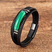 Bracelet multicouche en cuir tressé avec agate verte, pierre naturelle Foviel