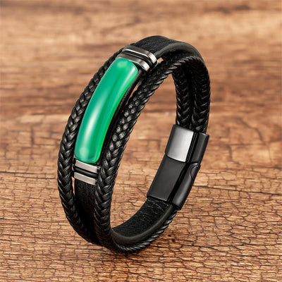 Buddha Stones Natural Stone Green Agate Power Multilayered Braided Leather Bracelet Bracelet BS Green Agate 23cm