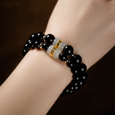 Buddha Stones Black Obsidian Jade Om Mani Padme Hum Strength Couple Magnetic Bracelet Bracelet BS 10