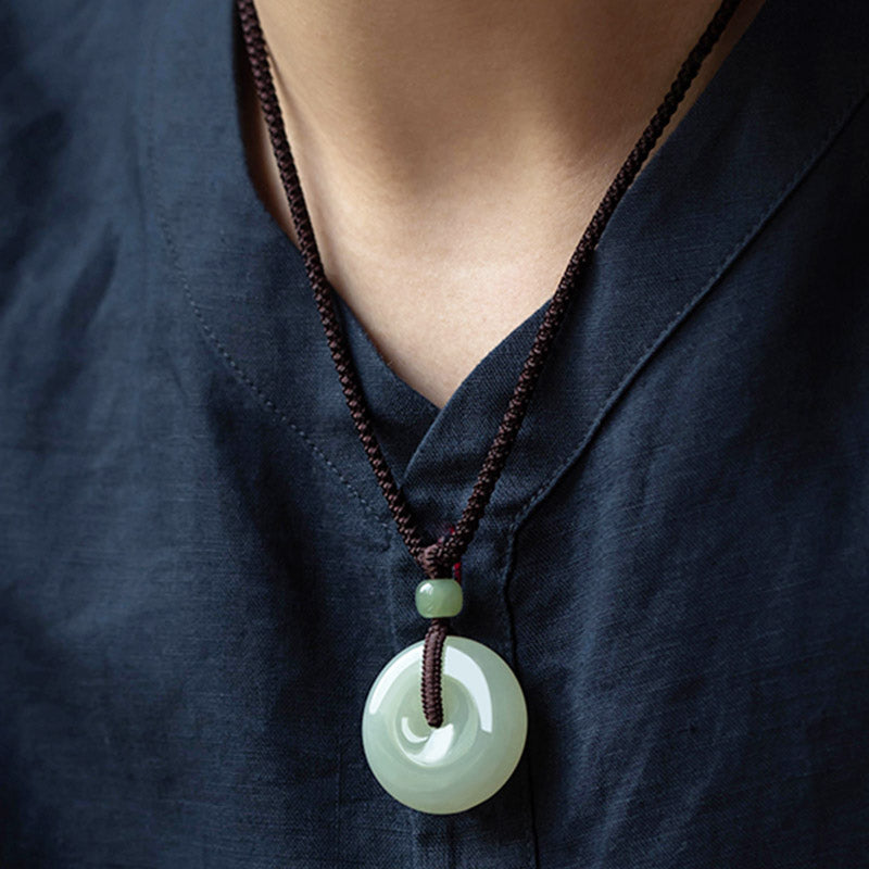Buddha Stones Natural Round Jade Peace Buckle Luck Prosperity Necklace Pendant Necklaces & Pendants BS 10
