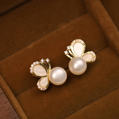 Buddha Stones 925 Sterling Silver Posts 18K Gold Plated Copper Natural Pearl Butterfly Zircon Healing Stud Earrings 6