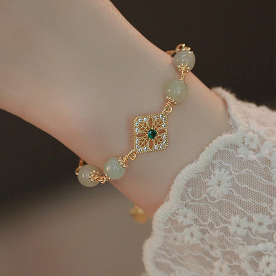 Buddha Stones Natural Hetian Jade Bead Square Pattern Luck Chain Bracelet Bracelet BS 3