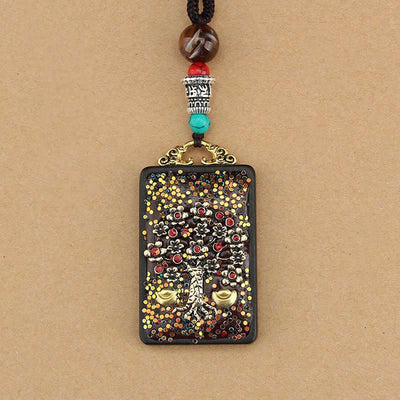 Buddha Stones Tibet God Of Wealth Money Tree Golden Phoenix Thangka Ebony Peace Necklace Pendant Necklaces & Pendants BS 11