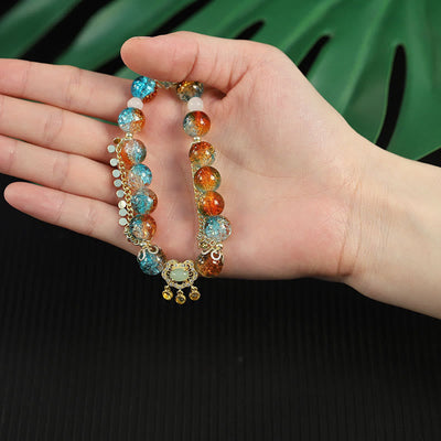 Buddha Stones Colorful Liuli Glass Bead Chinese Lock Charm Fortune Bracelet Bracelet BS 7
