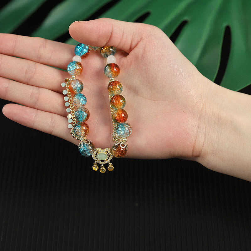 Buddha Stones Colorful Liuli Glass Bead Chinese Lock Charm Fortune Bracelet Bracelet BS 7