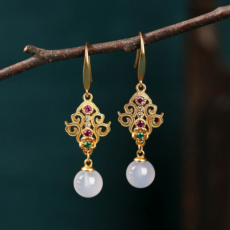 Buddha Stones 24K Gold Plated Round Chalcedony Positive Dangle Drop Earrings Earrings BS 2
