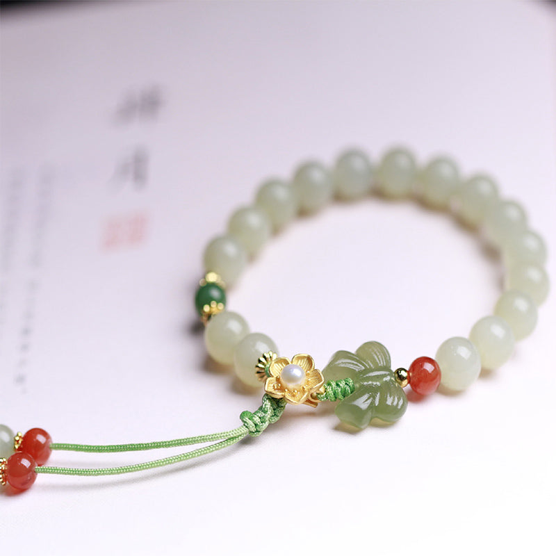 Buddha Stones 925 Sterling Silver Jade Luck Flower Butterfly Bracelet Bracelet BS 1