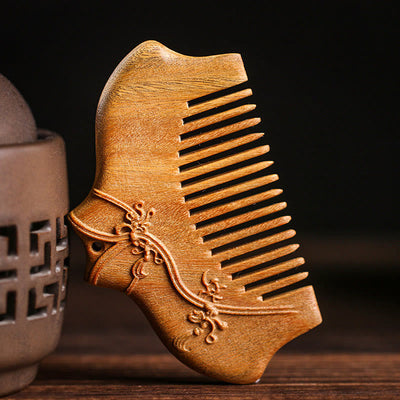 Buddha Stones Green Sandalwood Flower Pattern Engraved Soothing Comb Comb BS 1