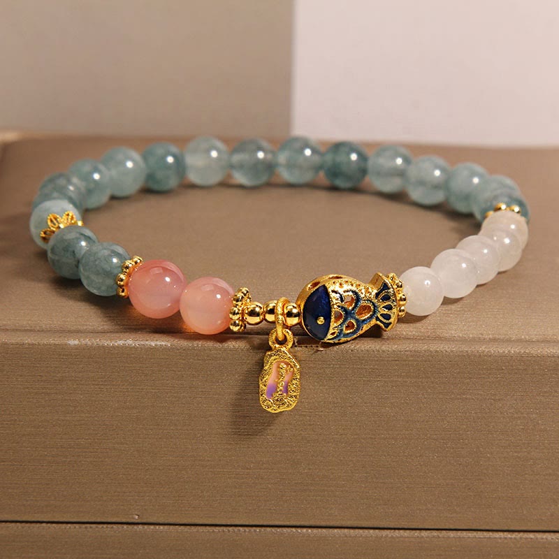 Buddha Stones Jade Yanyuan Agate White Jade Koi Fish Scripture Charm Luck Bracelet Bracelet BS Jade&Koi Fish(Wrist Circumference 14-16cm)